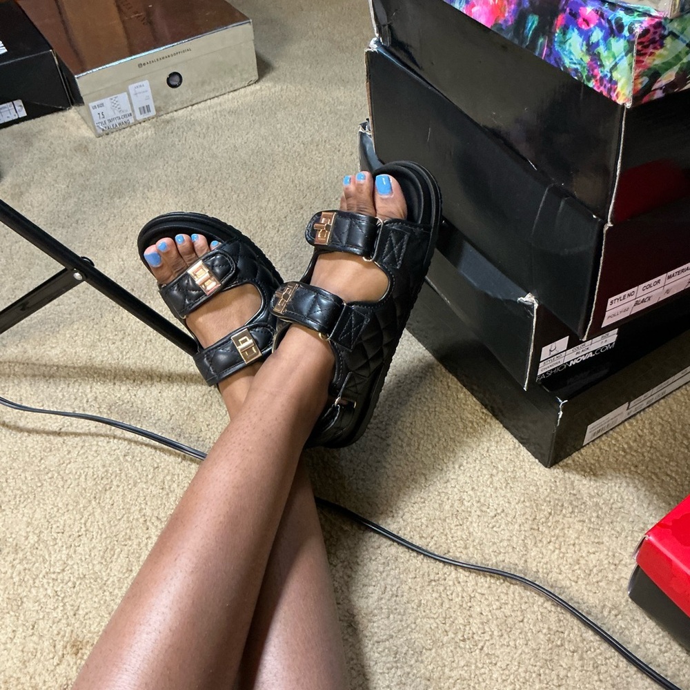 Miss Lola Black Quilted Buckle Sandals